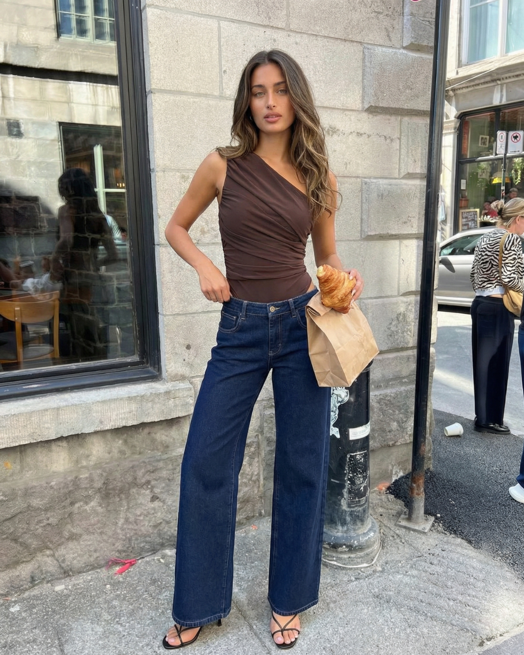 Lara | One-Shoulder Ruched Top in Black, Brown & Blue