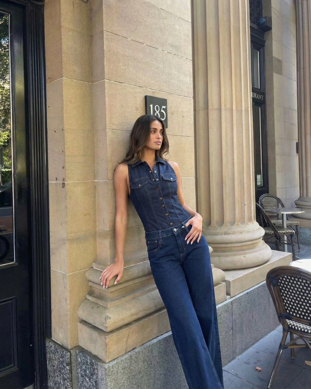 Orla | Denim Jumpsuit Dark Blue Sleeveless Button Front