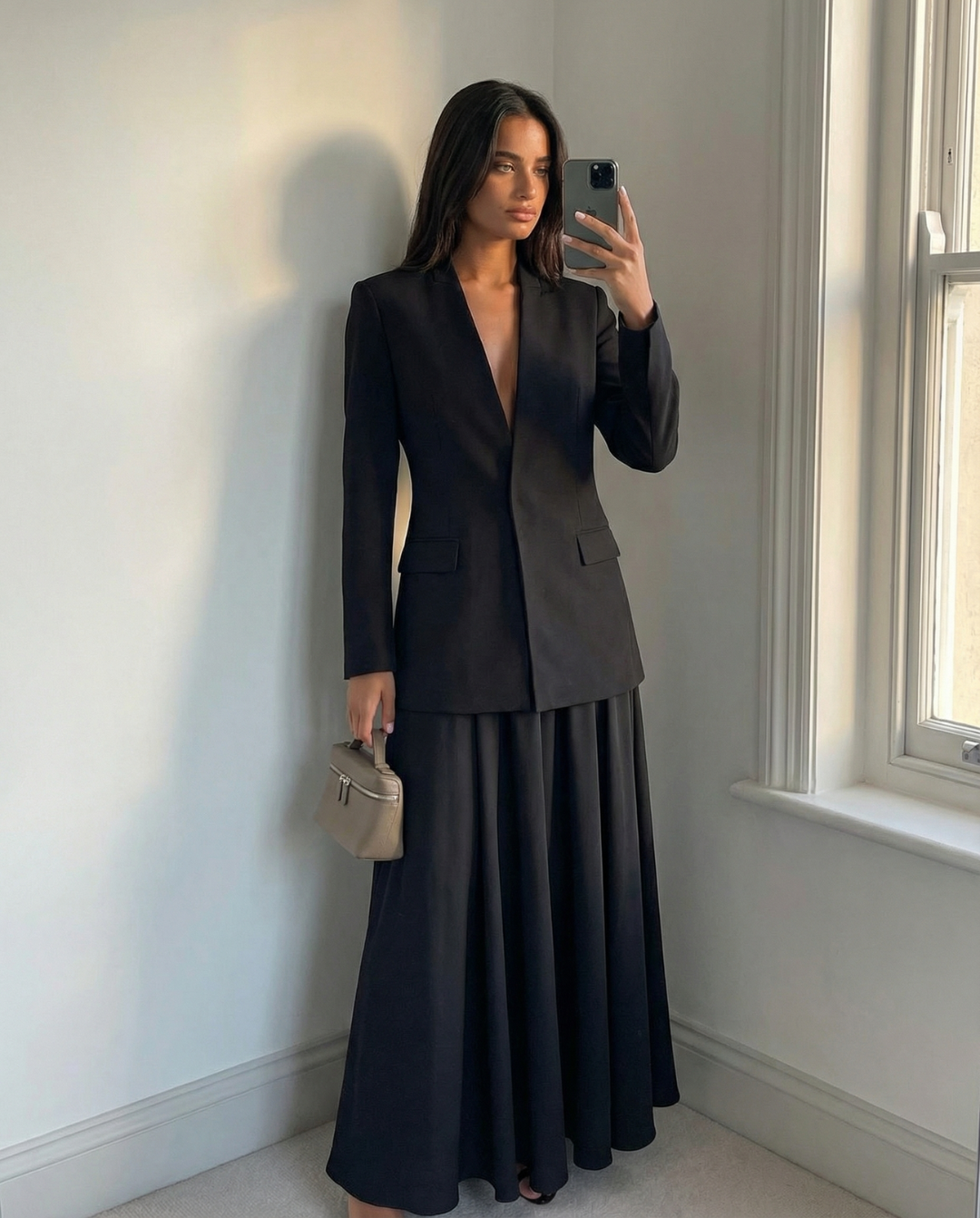 tailored blazer midi dress Champagne Black Notched Lapel A Line Midi Fitted Blazer Dress with Sash