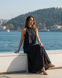 Rosa | Shirt Collar Halter Neck Button-Front Flowing Linen Maxi Dress
