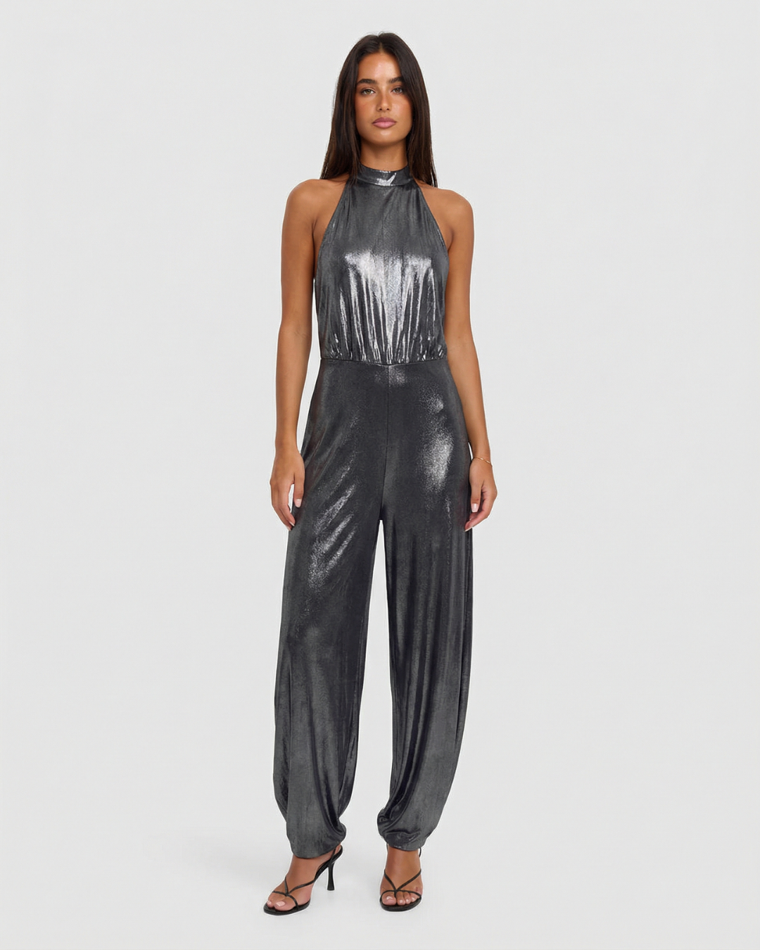 Ayla | High Halter Neck Cinched Waist Metallic Wide-Leg Jumpsuit in Black
