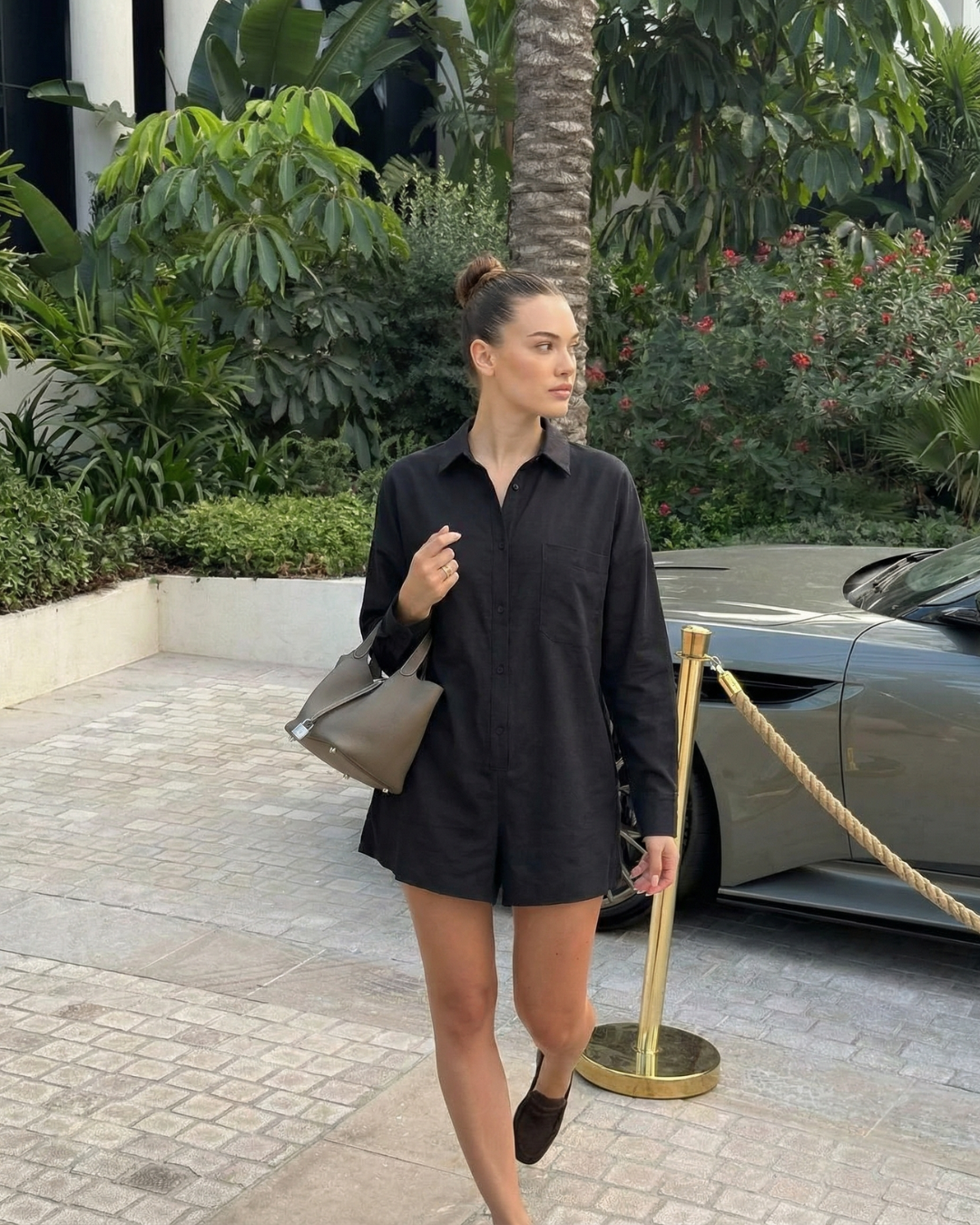 Sadie | Cotton Shirt Romper in Black