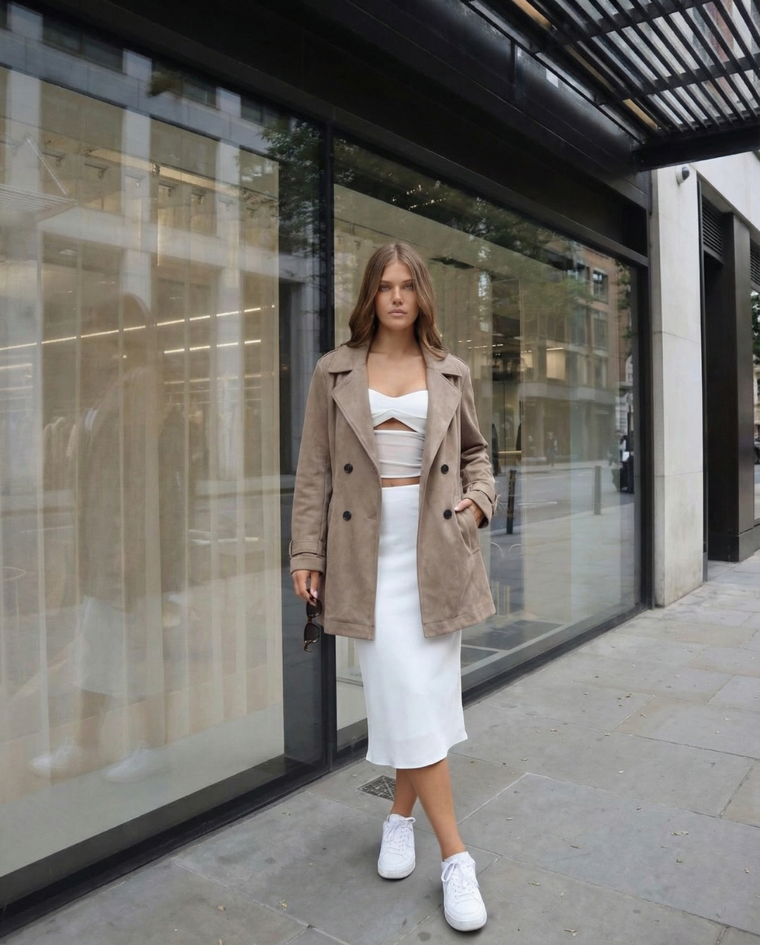 Lux | Elegant Belted Trench Coat Suede Beige Long