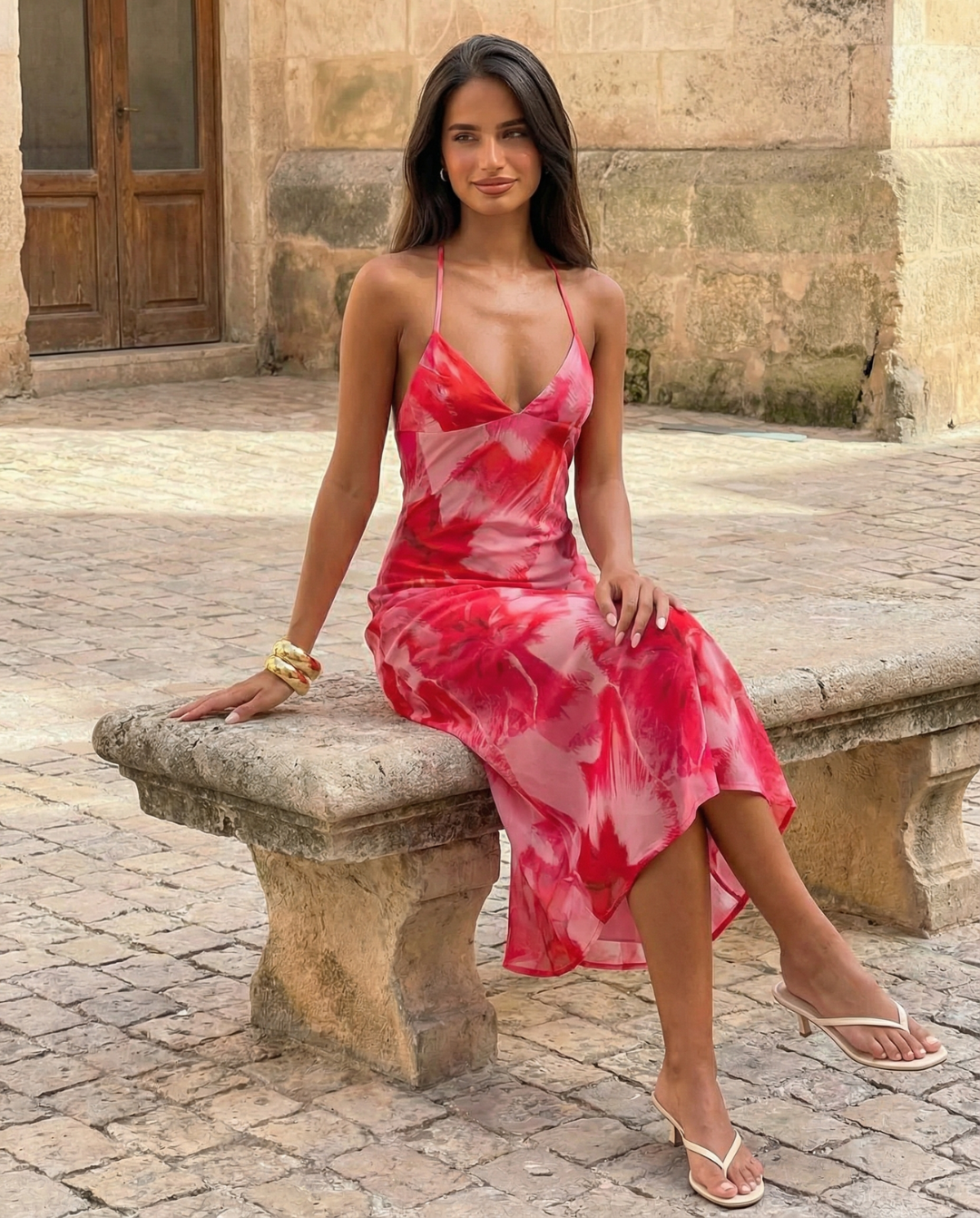 Ayla | Floral Print V-Neck Chiffon Midi Dress