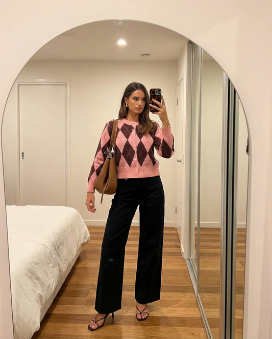 Zoe | Casual Argyle Knitted Cardigan Pink Brown Long Sleeve