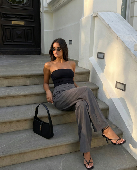 Thea | Wide Leg Tailored Trousers Grey Pleated