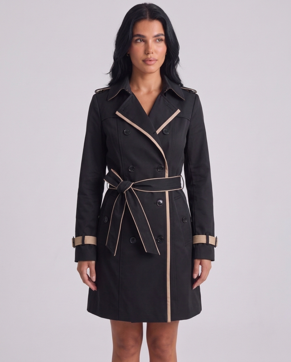 Madeleine | Women's Belted Double-Breasted Trench Coat Beige and Black