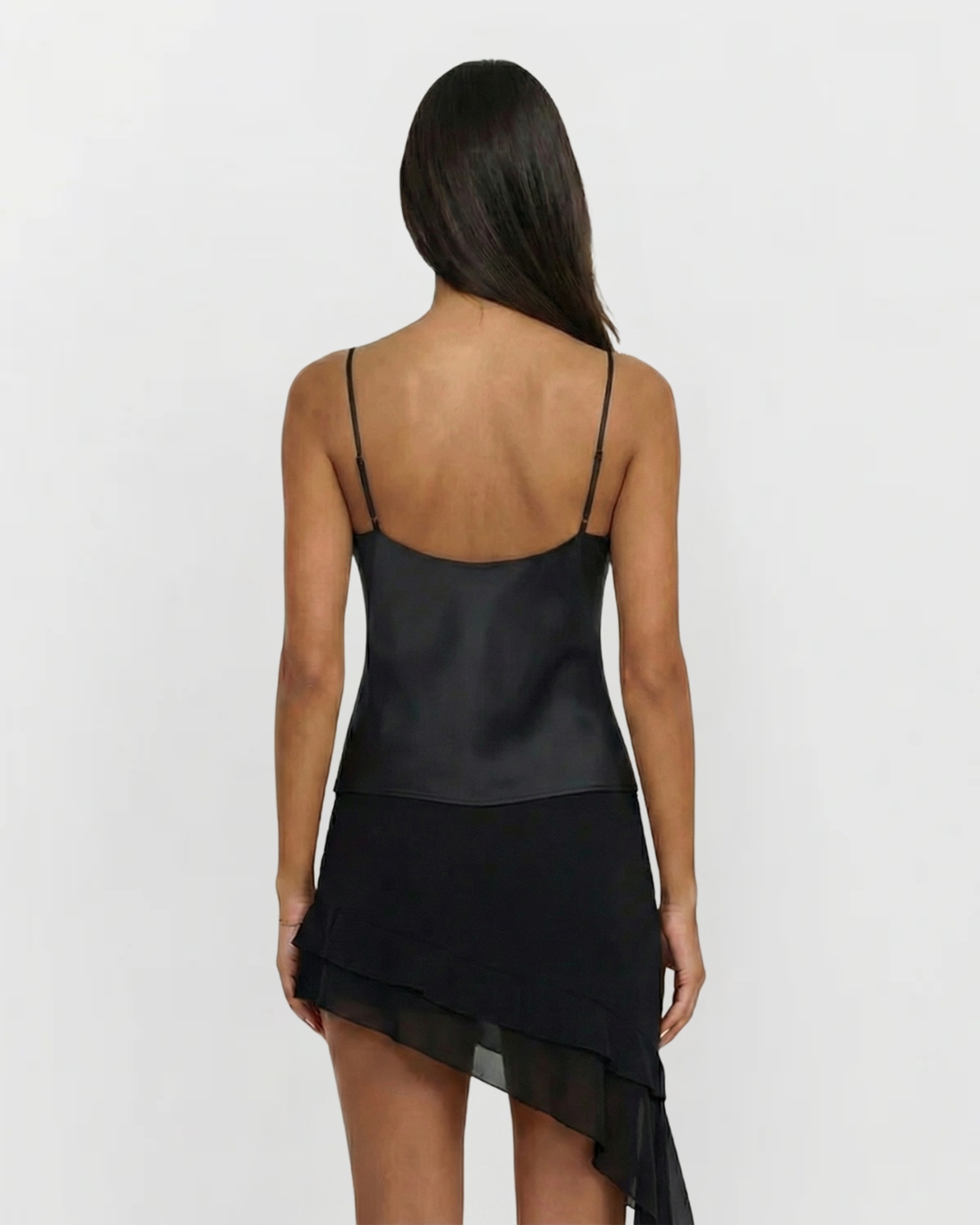 Fern | Elegant Lace Satin Cami Top Black V Neck Sleeveless