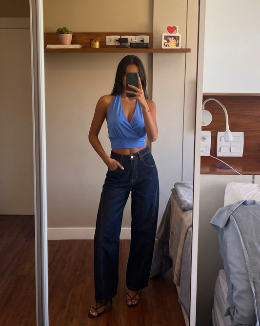 Margot | Wide Leg Jeans Dark Blue High Waisted Contrast Stitch