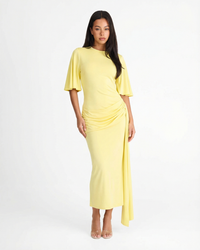 Summer | Asymmetric Ruched Panel Round Neck Flared Sleeve Fitted Midi Dress