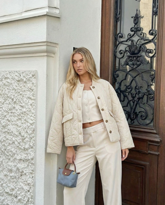 Opal | Quilted Jacket Cream Collarless Button Front Padded