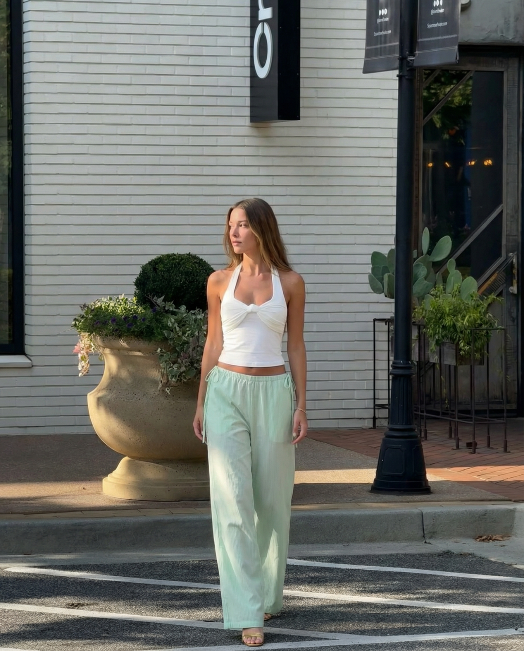 Louisa | Elasticated Side Drawstring Ribbed Wide-Leg Linen Trousers in Green