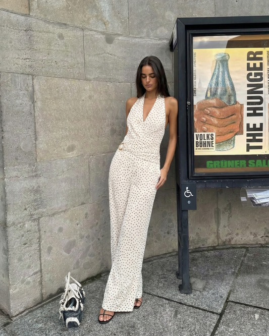 Ines | Halter Neck Jumpsuit Cream Polka Dot Wide Leg