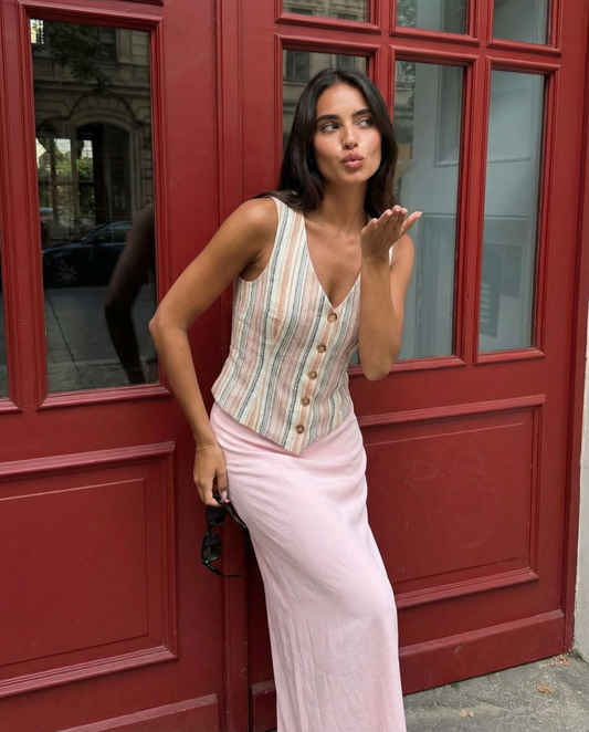 Sia | Summer Striped Linen Vest Top Cream Sleeveless Button Front