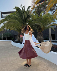 Mia | Faux Leather Panelled A-Line Midi Skirt
