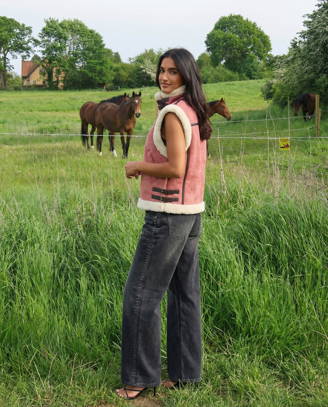 Quinn | Aviator Jacket Faux Fur Pink Sleeveless Shearling Gilet