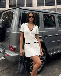 Amelia | Polo Collar Gold Button Patch Pocket Ribbed Knit Mini Shirt Dress