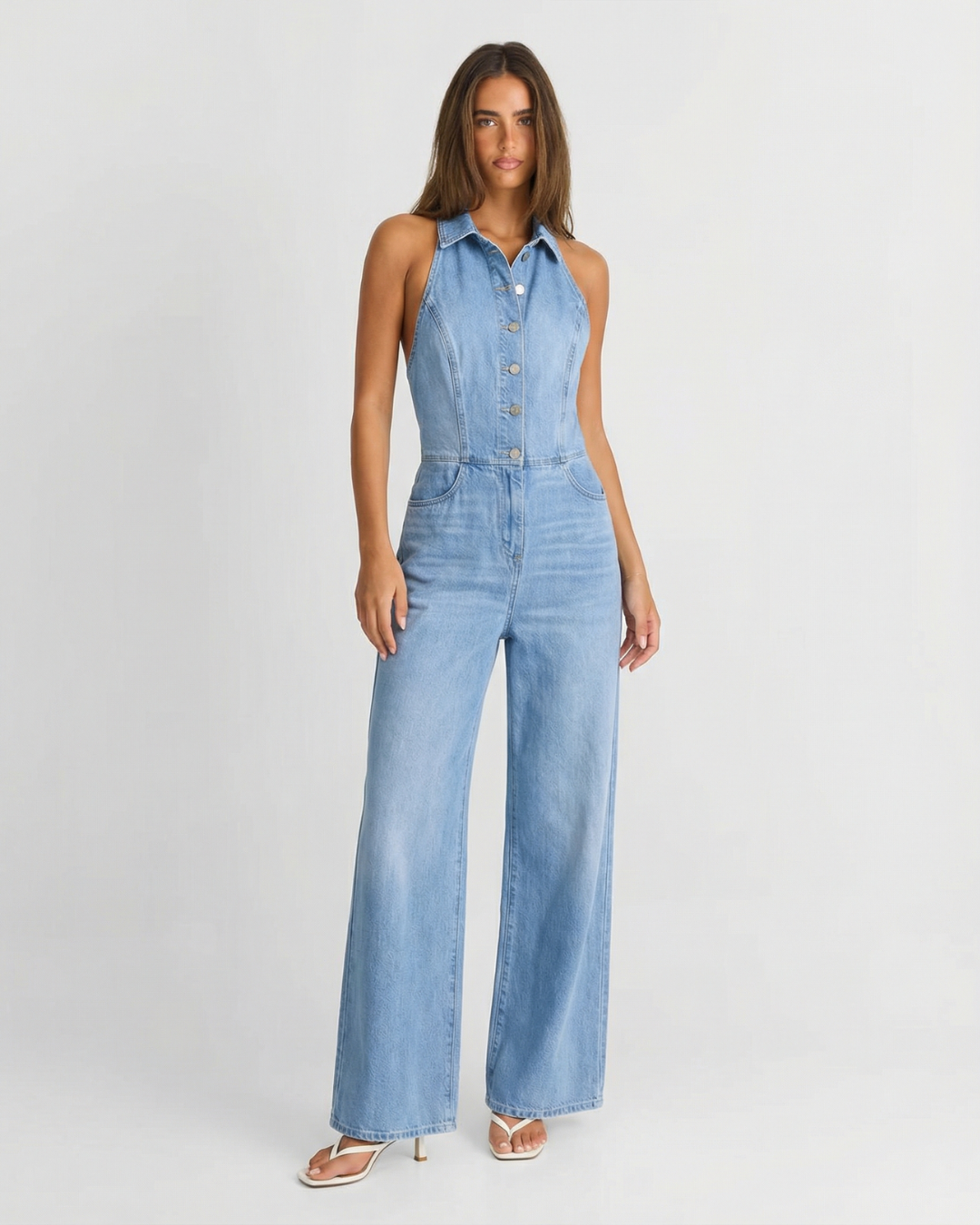 Marin | Denim Shirt Jumpsuit Light Blue Halter Neck Wide Leg