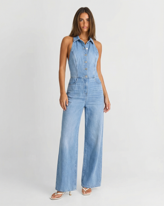Marin | Denim Shirt Jumpsuit Light Blue Halter Neck Wide Leg