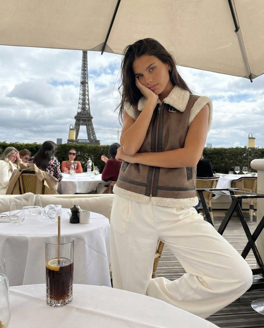 Jules | Aviator Shearling Jacket Brown Sleeveless Faux Fur Collar Zip