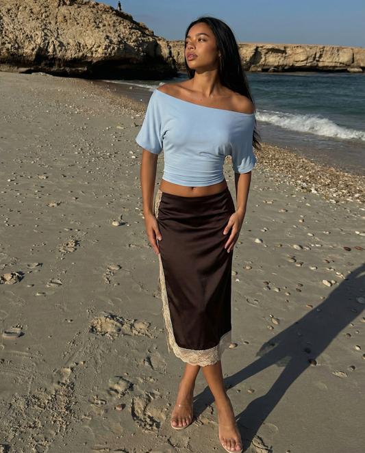 Sage | Lace Midi Skirt Brown Satin Slip Panel Hem