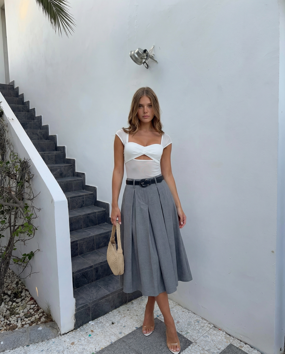 Bea | Pleated Midi Skirt Grey Belted High Waisted A Line Tailored