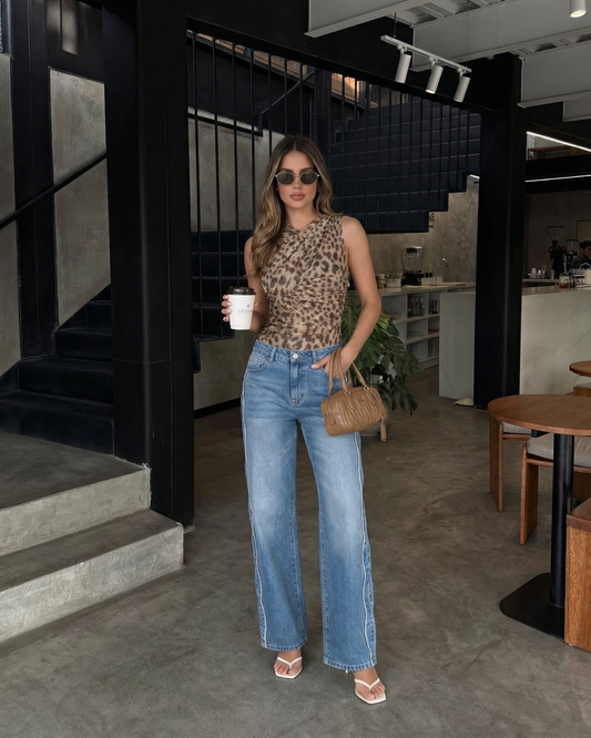 Edie | Leopard Print Bodysuit Vest Top Beige Ruched