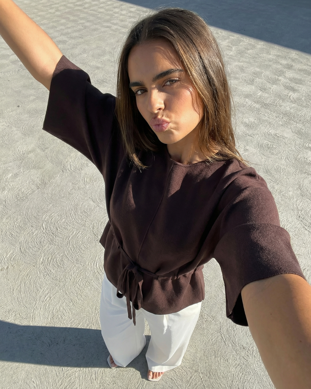 Suki | Elegant Belted Blouse Brown Linen Short Sleeve Tie Waist