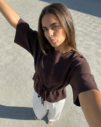 Alice | Drawstring Waist Wide Dolman Sleeve Ribbed Knit Peplum Top