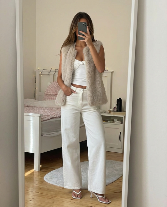 Sia | Faux Fur Jacket Cream Sleeveless Fluffy Gilet