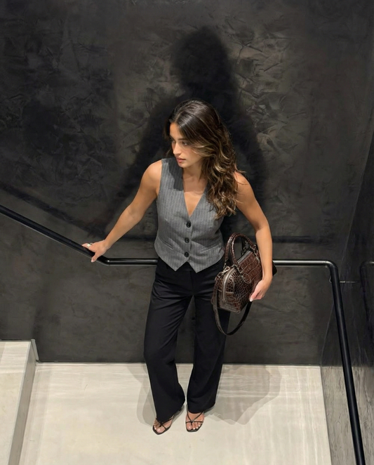 Lyra | Smart Casual Tailored Blazer Grey Pinstripe Sleeveless Fitted