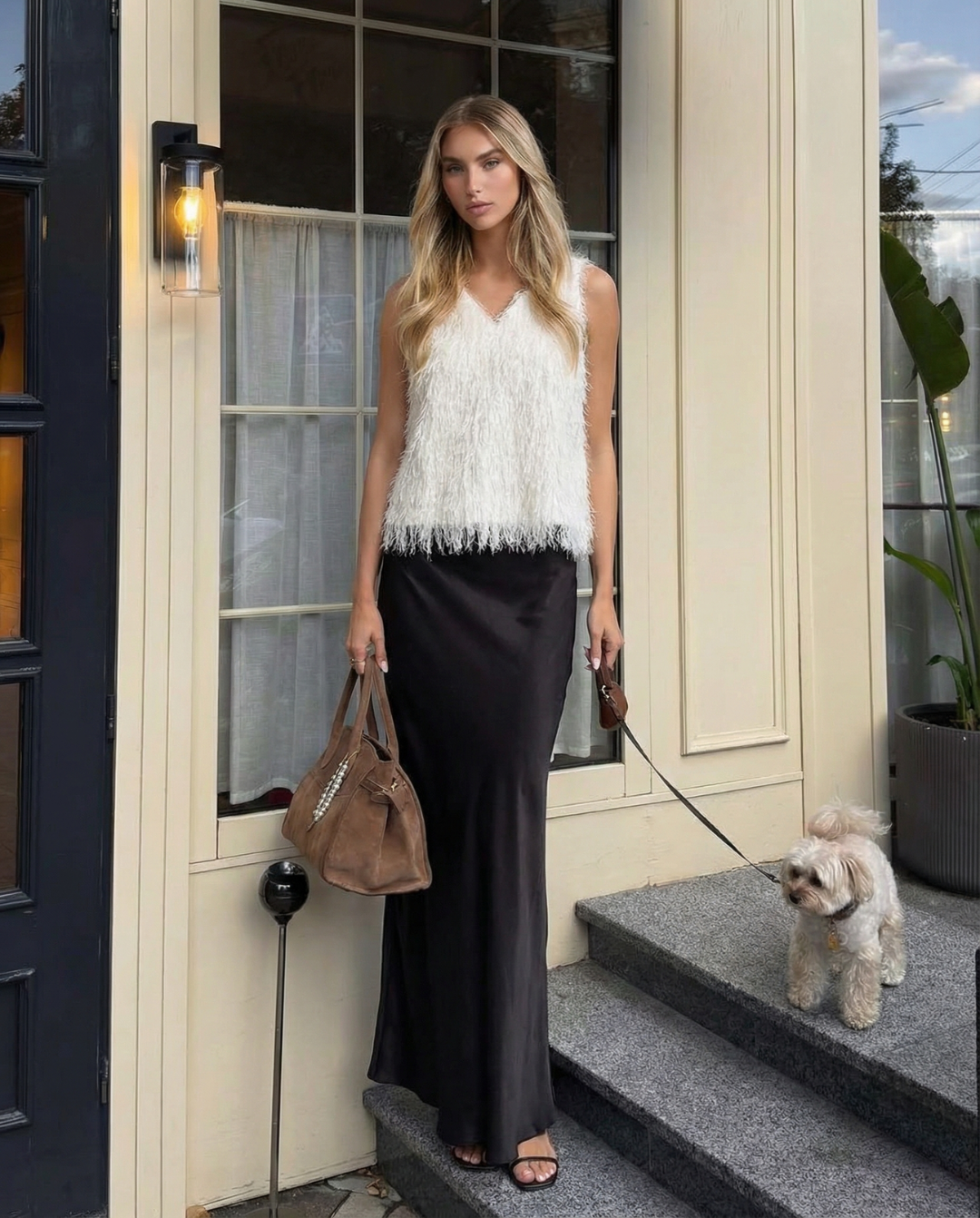 Willa | Fluffy Vest Top White Sleeveless V Neck