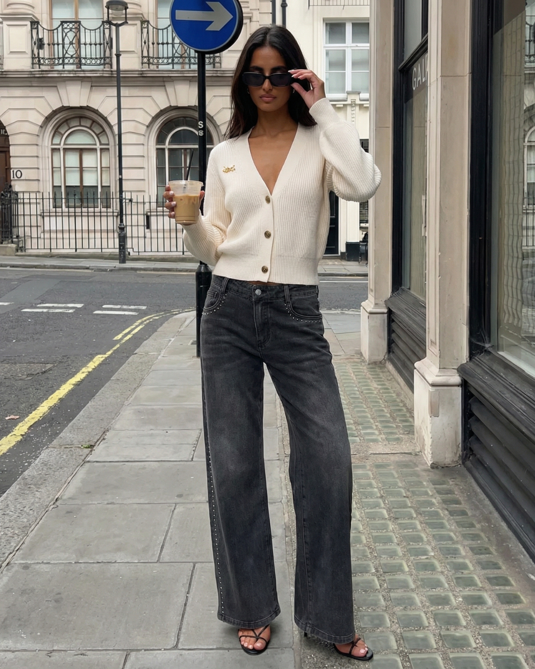 Grace | V-Neck Button-Front Puffed Shoulder Ribbed Knit Cropped Cardigan