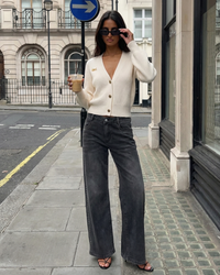 Grace | V-Neck Button-Front Puffed Shoulder Ribbed Knit Cropped Cardigan
