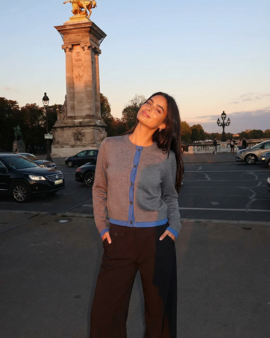 Margot | Fitted Cardigan Gray Long Sleeve Blue Trim Button Front