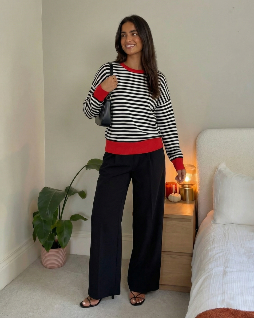 Lara | Striped Long Sleeve Top Red Trim Oversized Crew Neck Cotton