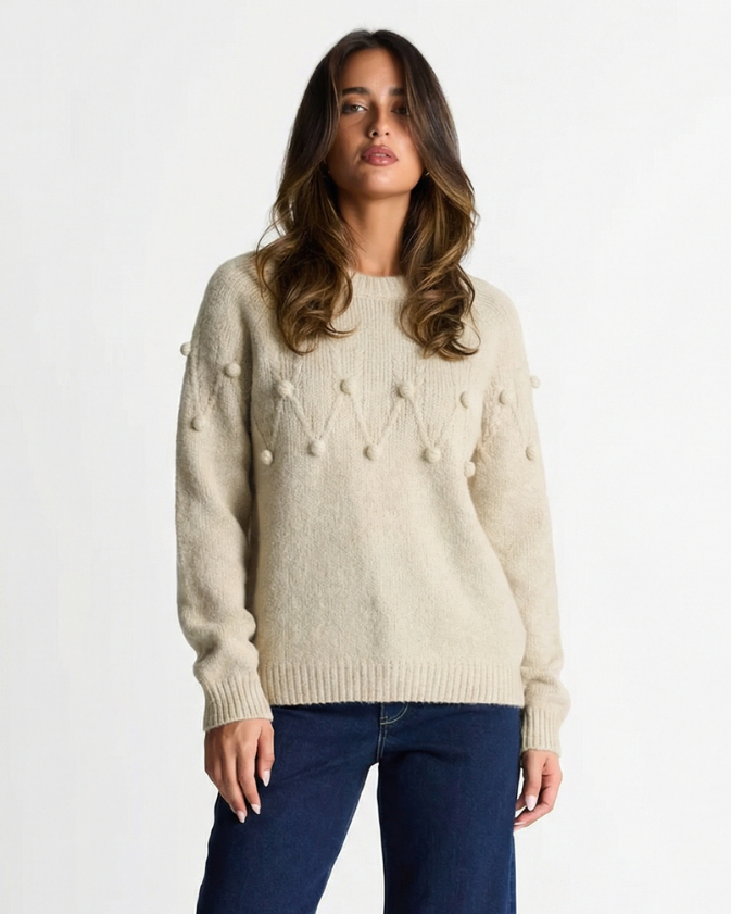 Nola | Pom Pom Knit Sweater Cream Crew Neck