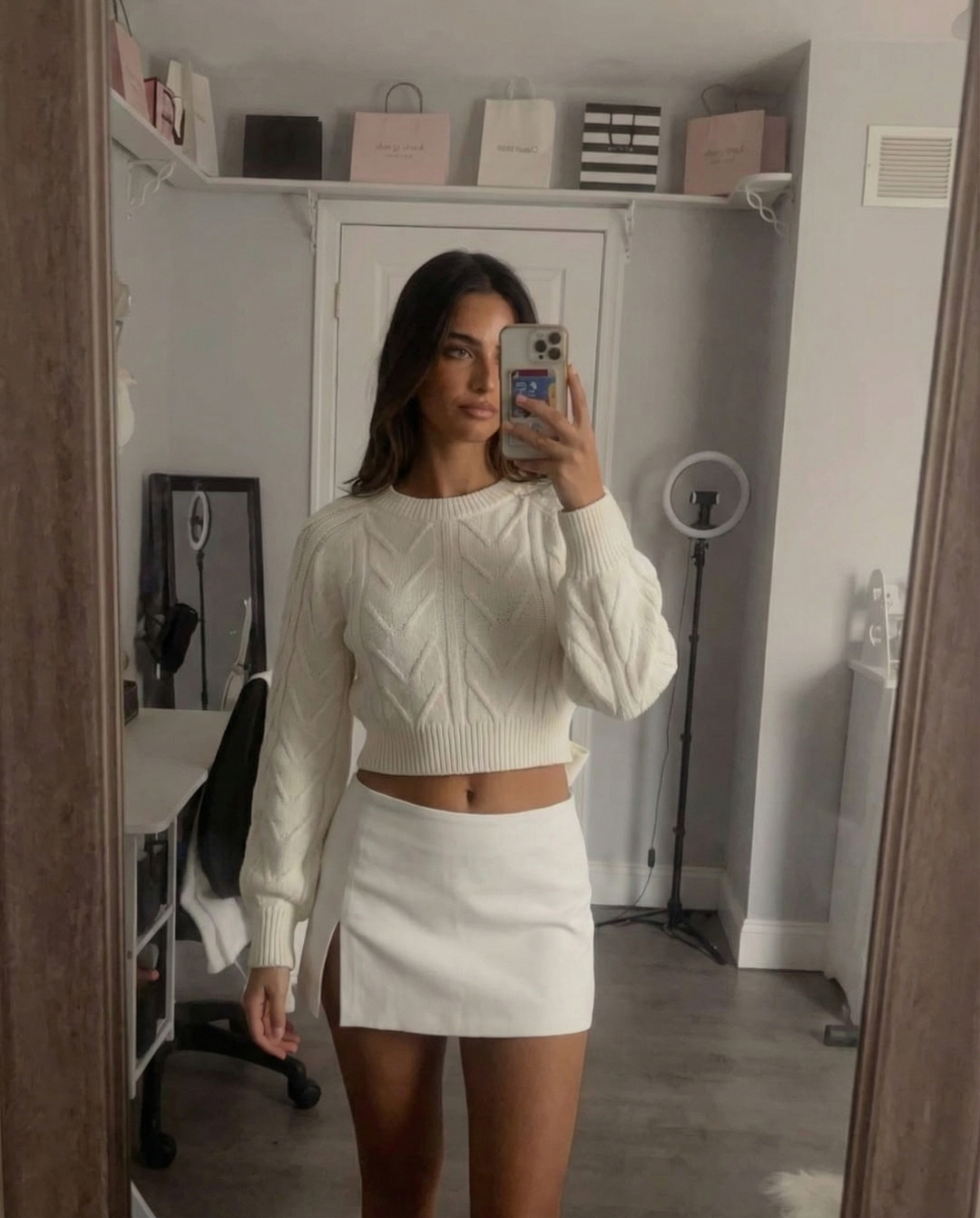 Thea | Cropped Cable Knit Sweater Cream Long Sleeve Crew Neck