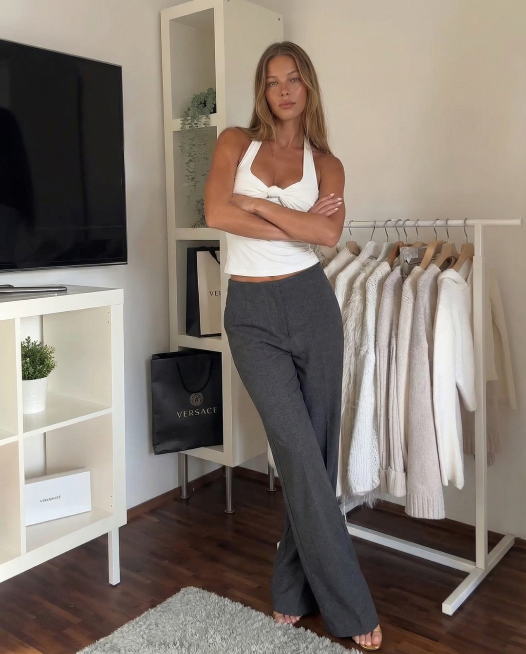 Verity | High-Waist Vertical Seam Wide-Leg Jersey Trousers in Charcoal