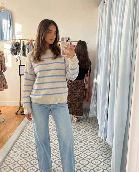 Elise | Striped Knitted Sweater Cream Blue Long Sleeve