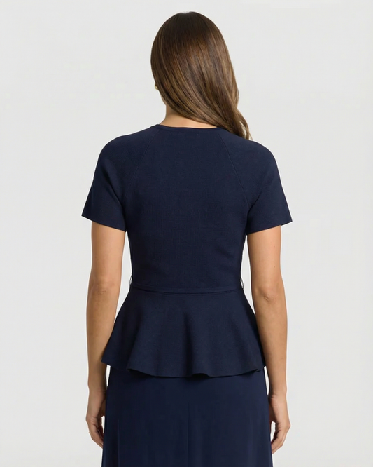 Paloma | Smart Casual Peplum Top Navy Short Sleeve Belted Fitted