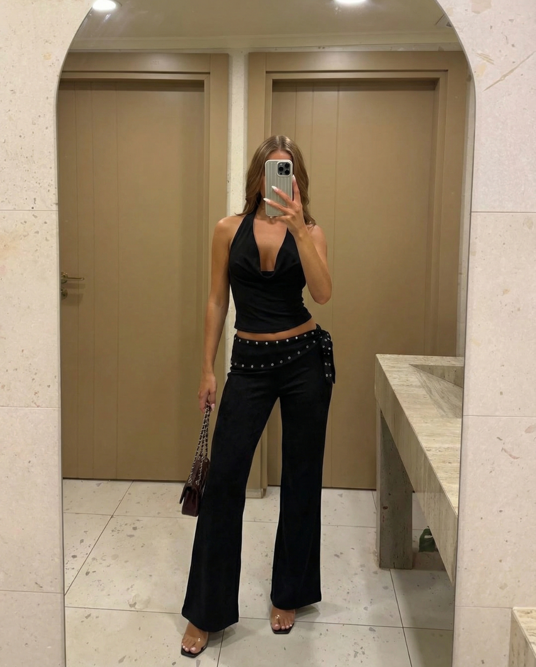 Mia | Studded Wrap Waistband Side-Tie Wide-Leg Jersey Trousers in Black