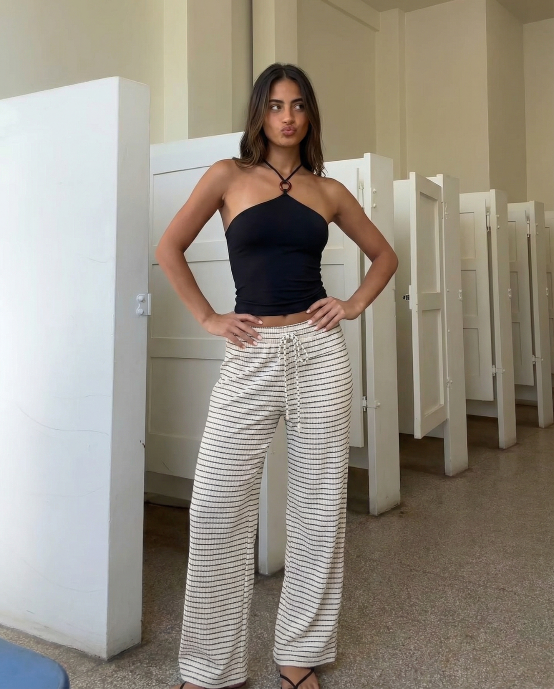 Naomi | Stripe Drawstring Ribbed Knit Wide-Leg Trousers in Cream