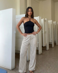 Naomi | Stripe Drawstring Ribbed Knit Wide-Leg Trousers in Cream
