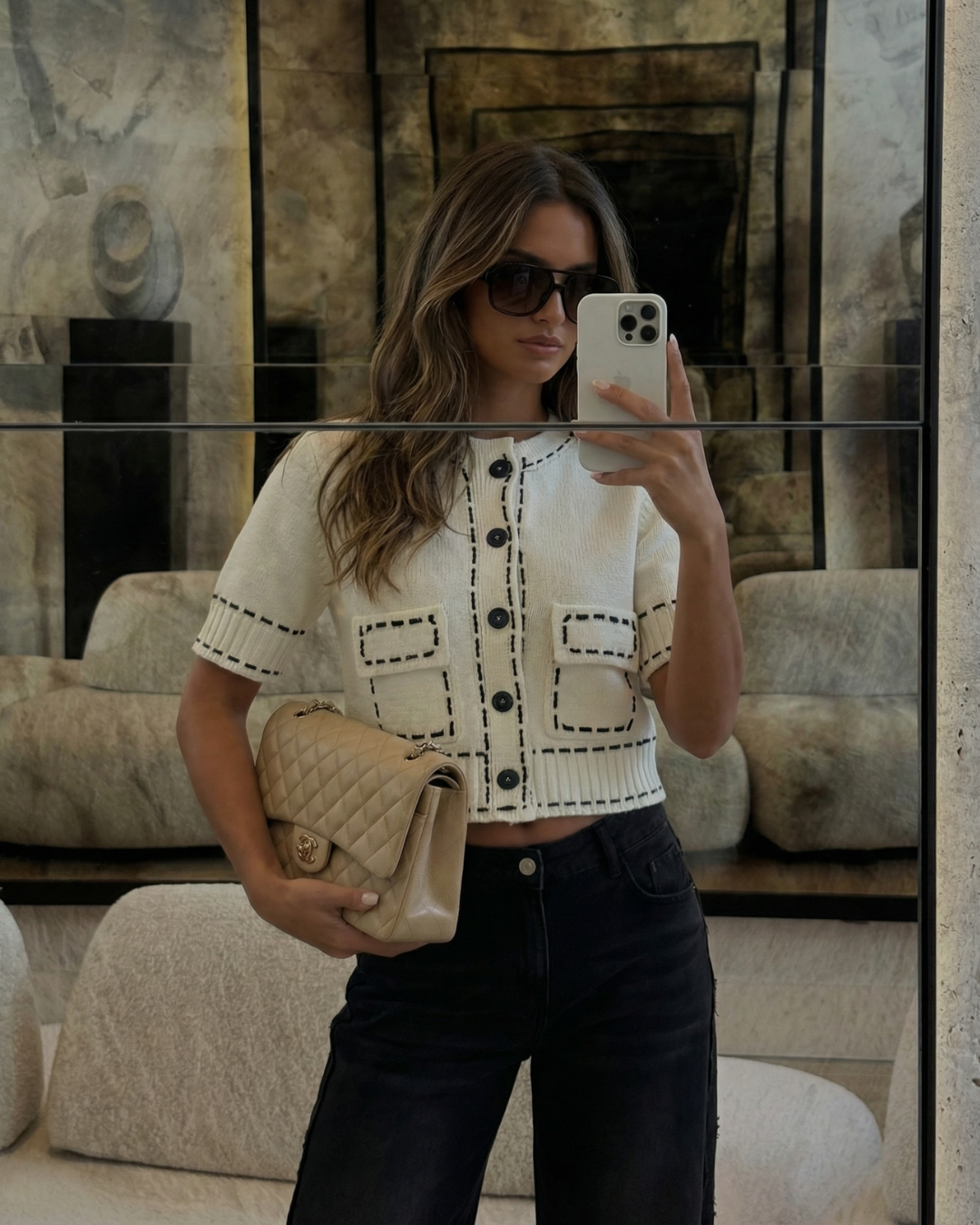 Willow | Contrast Stitch Round Neck Short Sleeve Patch Pocket Cropped Knit Cardigan