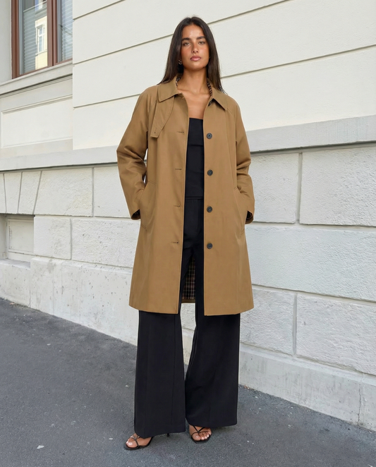 Talia | Smart Casual Longline Coat Camel Buttoned