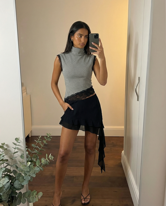 Piper | Asymmetric Cowl Neck Top Grey Sleeveless Lace Trim Fitted