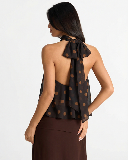 Camille | Halter Neck Top Brown Black Polka Dot Sleeveless Sheer