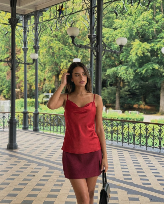 Maren | Elegant Cowl Neck Cami Top Red Satin Sleeveless Strappy