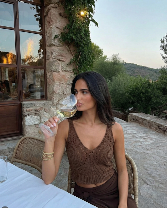 Celine | Crochet Tank Top Brown Knitted V Neck Cropped